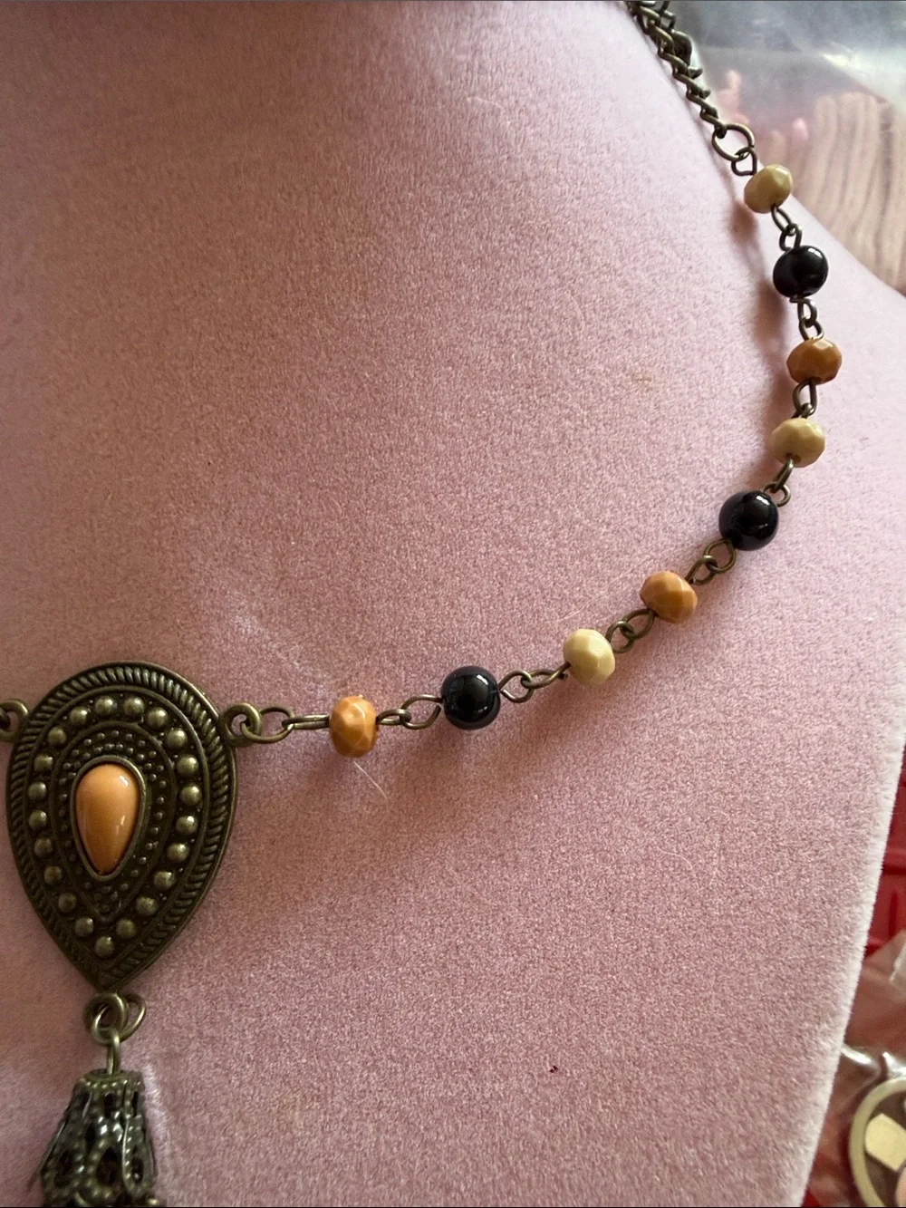 Boho Tassel Pendant Necklace in Amber and Black, 32”, 5” Tassel Drop, (J0118)
